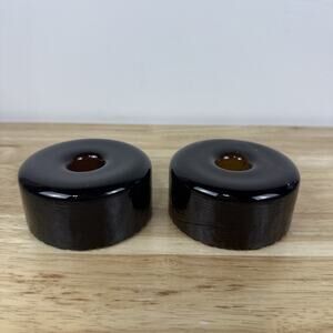 Vintage Set Of 2 MCM Blenko Glass Candle Holder - Round Deep Amber RootBeer